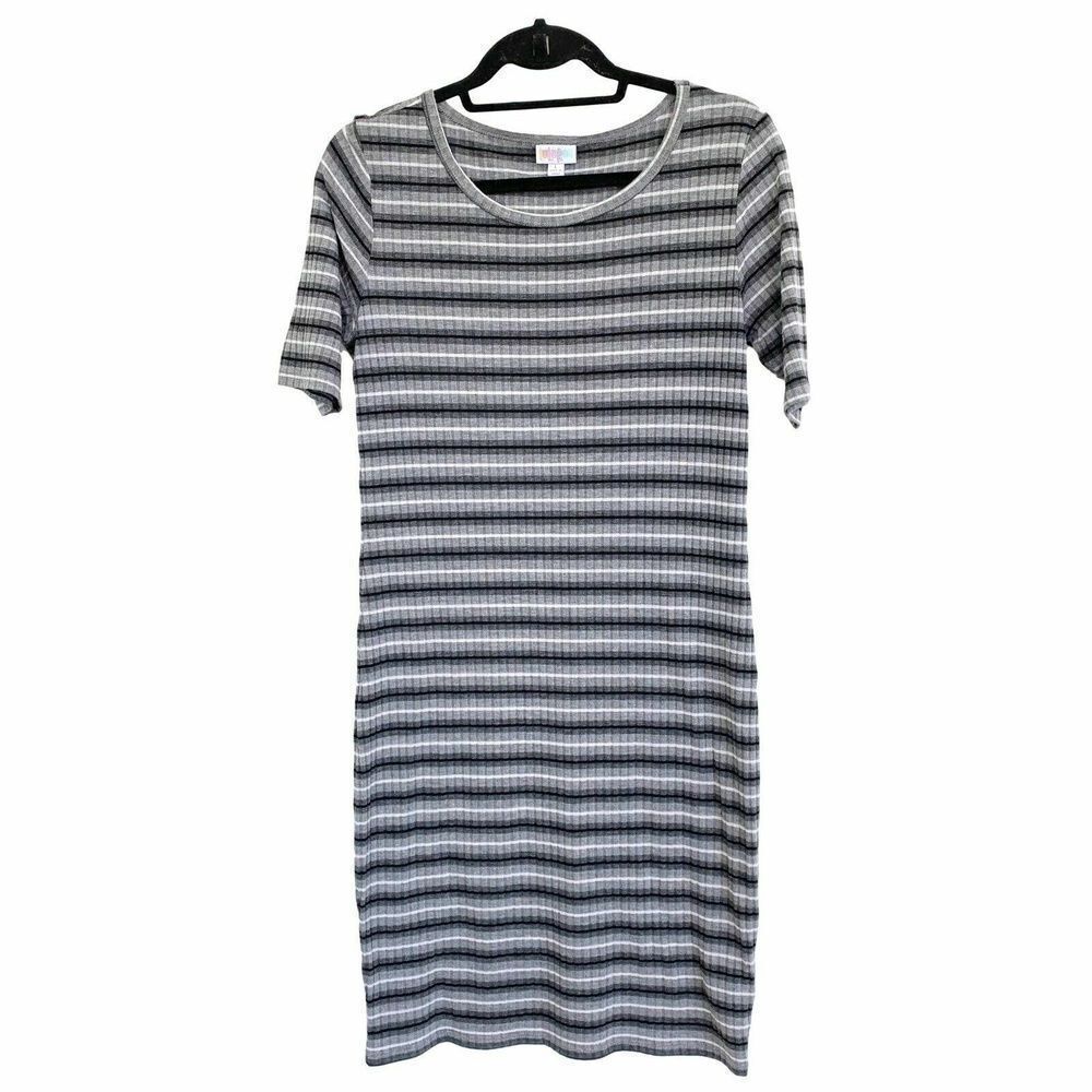 LuLaroe Womens Shirt Dress Gray Striped Short Sleeve Waffle Knit Casual Mini L